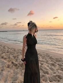 SHEIN MOD 女款素色百褶優雅掛脖洋裝 - 黑色 - 查看 2
