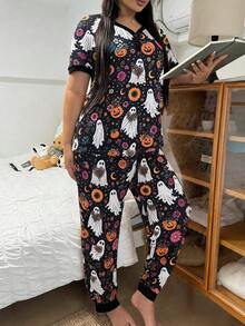 ZzzCrew Loose Comfortable Plus Size Loungewear, Halloween Fun Print Short Sleeve Long Pants Pajama Set - Multicolor - View 5