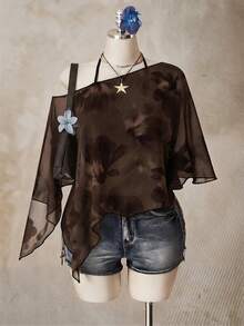 SHEIN ICON 女款休閒浪漫花卉印花大尺碼網紗棕色上衣 - 彩色 - 查看 4
