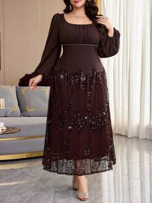 Modelyn Plus Size Women's Sequin Mesh Patchwork Casual Party Dress - Coffee Brown - View 3