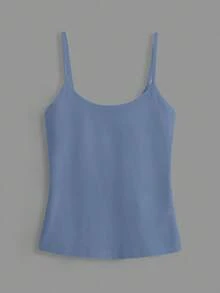 SHEIN BASICS 1件女款純色修身休閒細肩帶背心上衣 白色上衣 - 藍色 - 查看 4