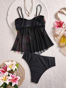 Swim Lushoire Women's Summer Vacation Detachable Shoulder Strap Floral Print Tankini Set - Black - View 7
