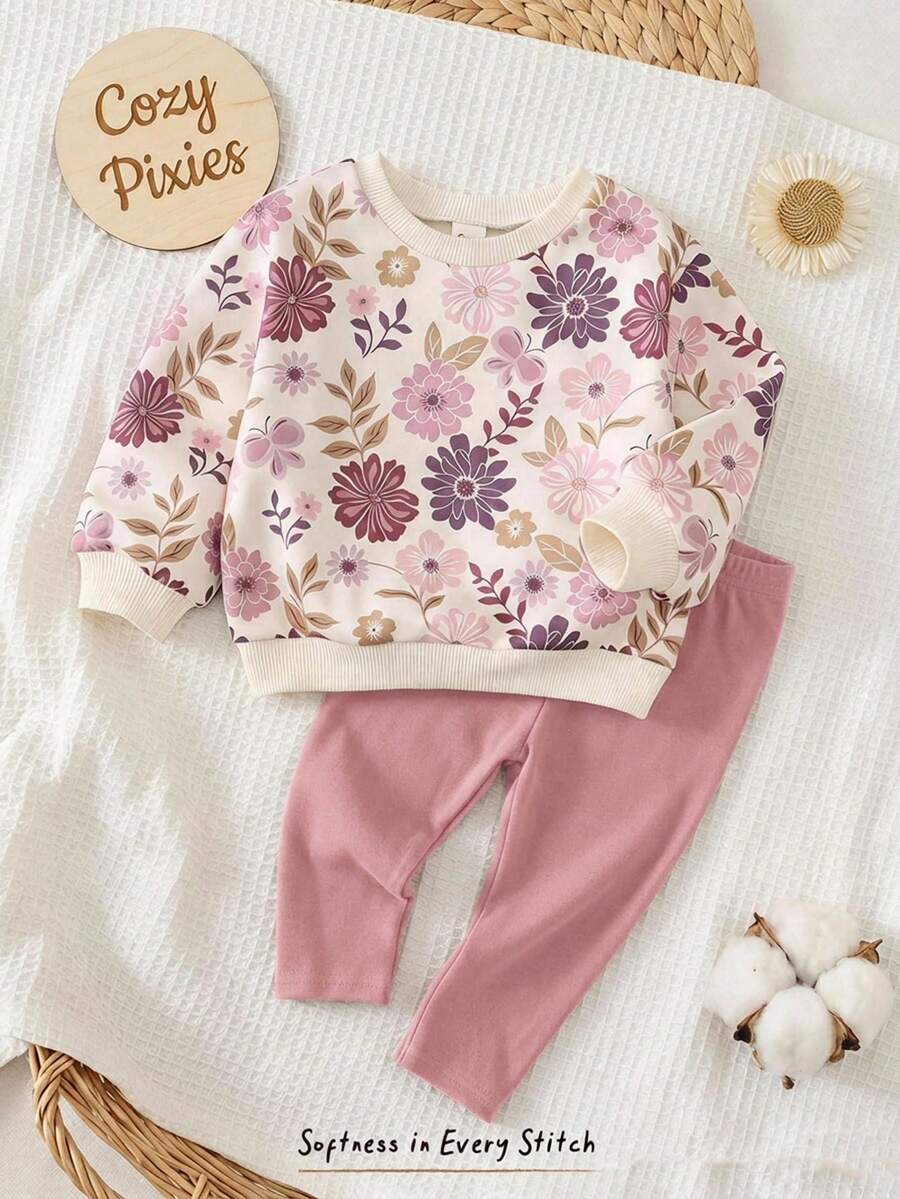 Cozy Pixies 女嬰花卉圖案針織柔軟圓領長袖套頭衛衣與鬆緊腰長褲兩件套 - 粉色 - 查看 1