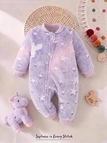 SHEIN Newborn Baby Pajamas Cartoon Unicorn Star Jacquard Pattern Round Neck Long Sleeve One-Piece Autumn Romper Comfortable - Purple - View 1