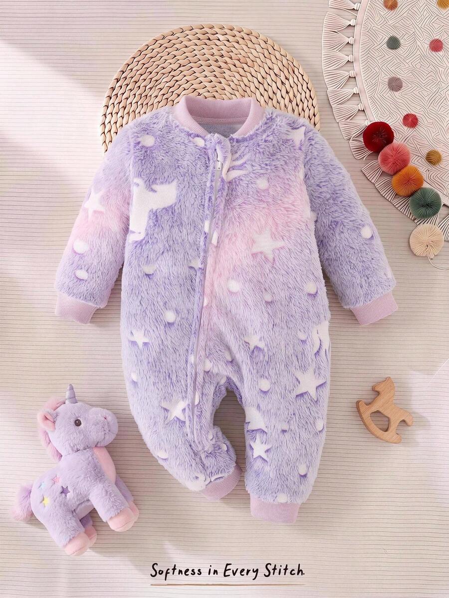 SHEIN Newborn Baby Pajamas Cartoon Unicorn Star Jacquard Pattern Round Neck Long Sleeve One-Piece Autumn Romper Comfortable - Purple - View 1