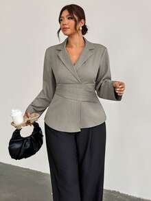Firerie Plus Size Women's Solid Color Pleated Casual Smart Commute Teachers' Day Blazer Jacket Elegant Office Formal Business Suit Fall Going Out Grey - Khaki - View 1