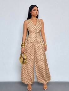 SOLERSUN Women's Old Money Aesthetic Geometric Print V-Neck Waistcoat & Lantern Pants With Pockets Suit - Khaki - View 6