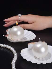 Cirelle 1pc Pearl Sphere Ball Candle With Seashell Dish Tray, Aesthetic Pearlized Round Soy Wax Candle For Room Decor, Wedding, Gift & Relaxation - White - View 5