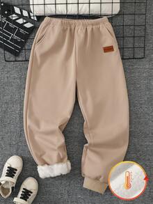 SHEIN 男童百搭休閒抓絨運動長褲 - 卡其色 - 查看 1