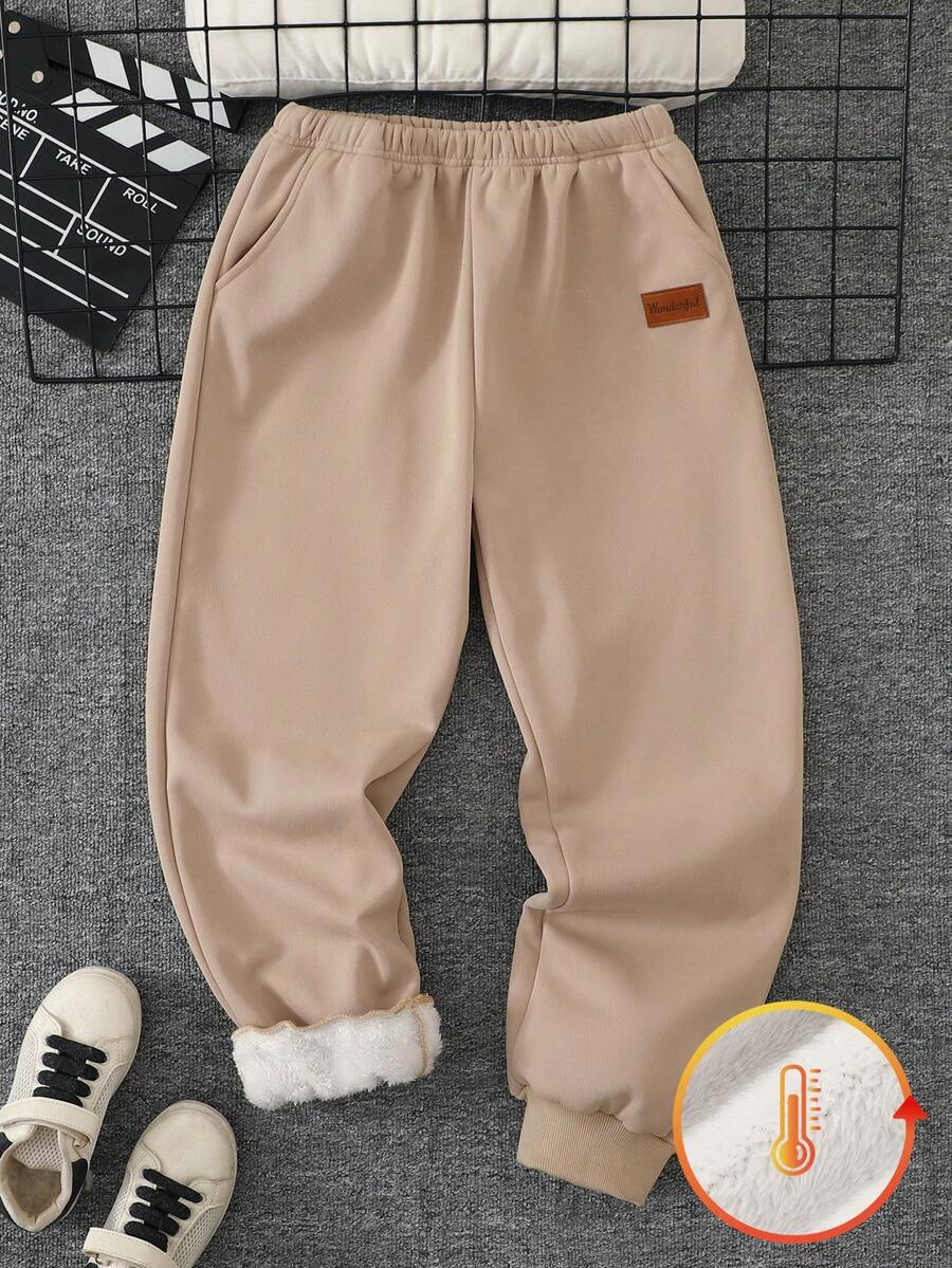 SHEIN 男童百搭休閒抓絨運動長褲 - 卡其色 - 查看 1