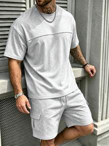 Manfinity Homme Men's Casual INS Style Outfit, Cargo Pants With Pocket Design, Daily Streetwear, Boyfriend/Husband Gift, Anniversary Gift, Minimalist Loose T-Shirt Set, Summer - Grey - View 1