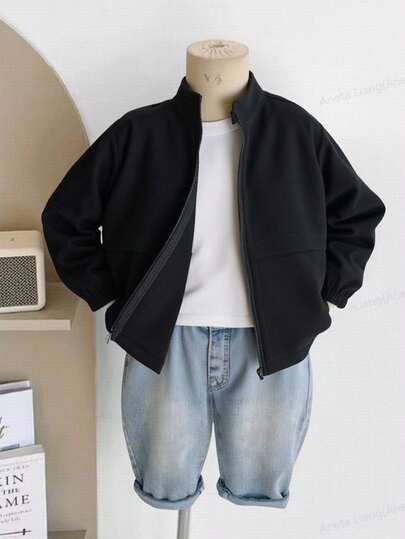 SHEIN 1pc Young Boy Casual Academy Style All-Match Solid Color Black Long Sleeve Jacket Suitable For Commuting, School, Daily Casual, Academy Style, Suitable For, Back To School, School Uniform, Suitable For Kindergarten, Birthday Party, Evening Party, Wedding, Christening, School Opening Ceremony, Suitable For Going To School, Suitable For Traveling, Suitable For Sports, Suitable For Fall, Winter