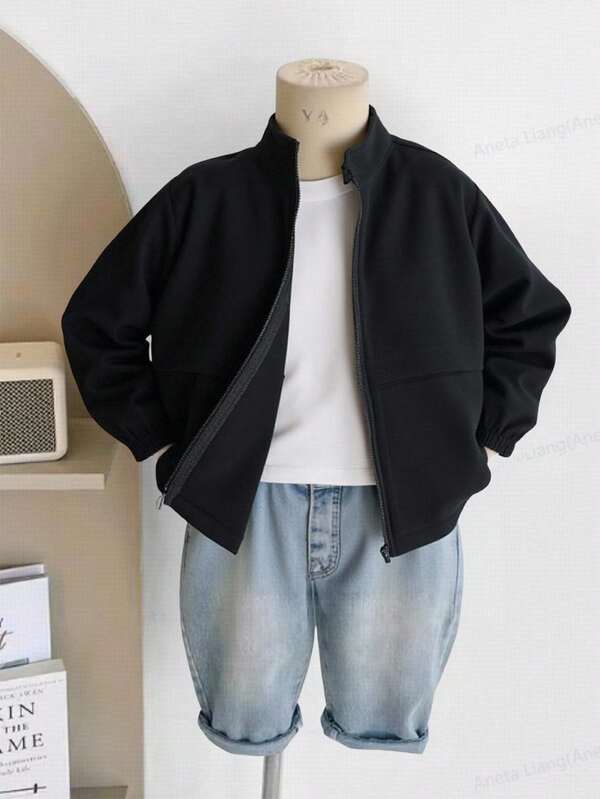 SHEIN 1pc Young Boy Casual Academy Style All-Match Solid Color Black Long Sleeve Jacket Suitable For Commuting, School, Daily Casual, Academy Style, Suitable For, Back To School, School Uniform, Suitable For Kindergarten, Birthday Party, Evening Party, Wedding, Christening, School Opening Ceremony, Suitable For Going To School, Suitable For Traveling, Suitable For Sports, Suitable For Fall, Winter
