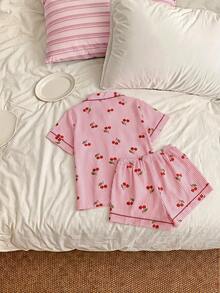 Joivida 2-Piece Pajama Set Short-Sleeved Shorts Striped Cherry  Print Casual Women's Home Wear Set - Pink - View 5