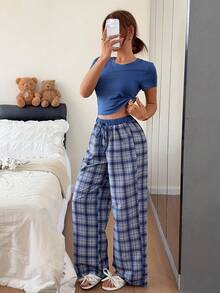 Napfluff 休閒居家與戶外穿著，格紋針織短袖女款睡褲套裝 - 藏蓝色 - 查看 1