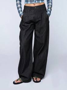COUREZ Celana Jeans Lipit Balon Sedang Warna Hitam Denim Wash Gaya Y2K Musim Gugur untuk Wanita, Celana Jeans Longgar untuk Pergi Keluar Musim Gugur untuk Wanita - Hitam - View 5