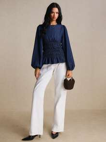 Poéselle Women's Round Neck Lantern Sleeve Ruched Waist Fashion Denim Top - Dark Wash - View 7