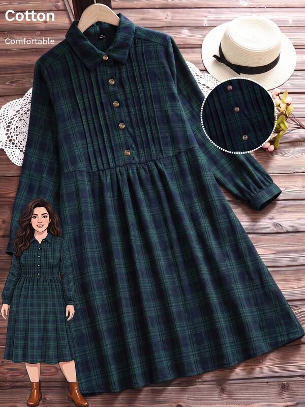 Rusticease Plus Size Women's Plaid Print Lapel Long Sleeve Button Front Loose Shirt Dress Casual Daily Going Out Fashion Elegant Dresses Fall Fashion 2026