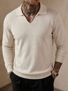 DAZY Camiseta de punto gris con cuello para hombre de manga corta - Beis - Ver 3