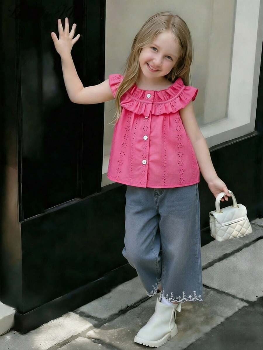 SHEIN Elladie kids 2件組女童休閒時尚荷葉邊蕾絲圓領無袖寬鬆刺繡花卉背心上衣 + 牛仔喇叭褲刺繡百搭套裝,適合度假旅行日常穿著,夏季款 - 玫紅色 - 查看 1