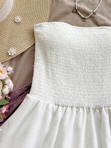 Soleia Solid Shirred Bodice Layered Hem Tube Dress - White - View 5