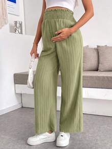 SHEIN Maternity Solid Color Ruffle Waist Wide Leg Loose Long Pants - Green - View 3