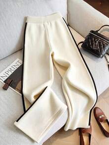 GlowEve Women's Colorblock Casual Daily Wear Knitted Long Pants - Apricot - View 3