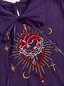 ROMWE Dark Gothic Red Heart Embroidered Pattern Women's Short Dress - Purple - View 3