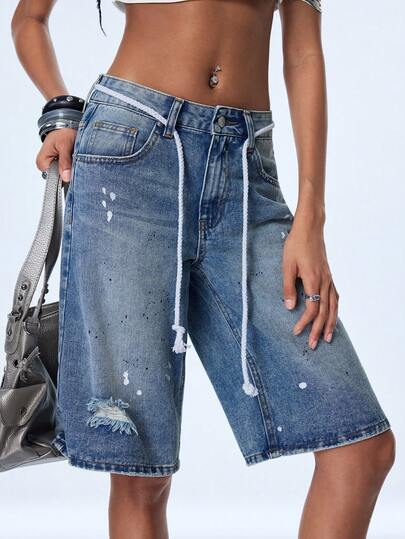 Y2Kool New Casual Low Waist Drawstring Vintage Washed Light Blue Splatter Design Denim Mid-Length Shorts, Women's Loose Straight Leg 5-Inch Denim Shorts, Suitable For Daily Casual, Commute, Vacation