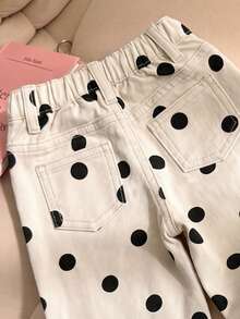 SHEIN Vintaside Kids 女嬰牛仔長褲 冬季休閒復古可愛彈性腰圍 黑白波點印花布料 寬鬆直筒版型 畢業款 - 彩色 - 查看 6