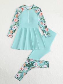 SHEIN 13-16歲青少年女孩長袖兩件式裙式泳衣套裝 時尚熱帶花卉印花拉鍊上衣泳衣 適合夏季休閒度假海灘沙灘泳池游泳 夏日假期派對 - 彩色 - 查看 3