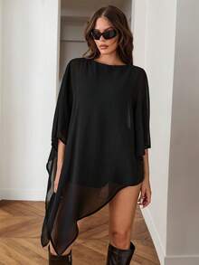 SHEIN ICON Women's Solid Color Mesh Patchwork Casual Daily Wear Romper - Black - View 3