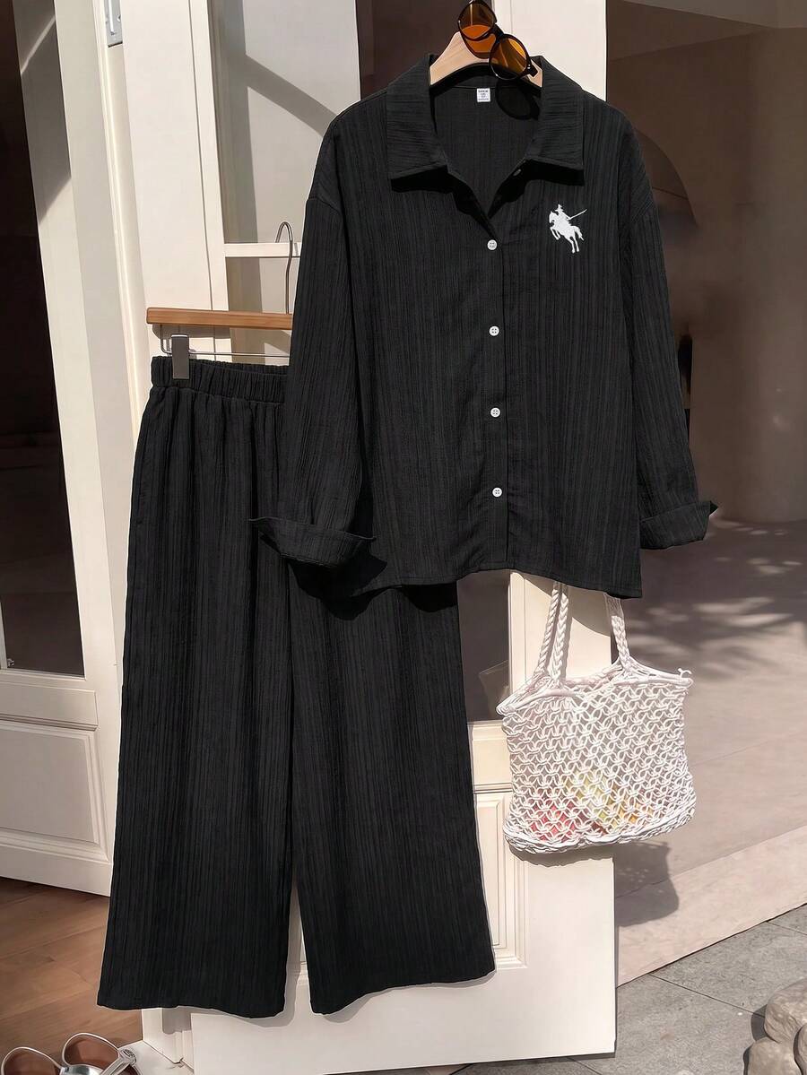 SHEIN 青少年女孩白色黑色紋理兩件套刺繡領長袖襯衫彈性腰寬腿褲 80年代休閒女裝秋季校園風 - 黑色 - 查看 1