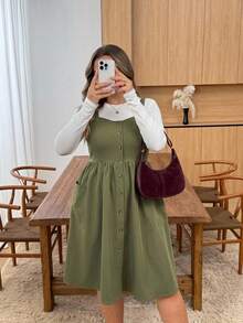 SHEIN CURVE+ Plus Size Women's Solid Color Simple Casual Daily Vacation Dinner Business Pocketed Sling Dress,Summer Dresses Teachers' Day All White Olive Green - Green - View 4