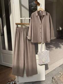 SHEIN Teen Girls Casual Coffee Brown Loose Long Sleeve Shirt And Pants Set, Autumn - Coffee Brown - View 9