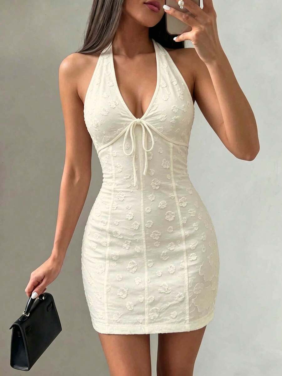NOVVYNE Women's Cream Summer Tropical Holiday Vacation Dress Elegant Sexy Spaghetti Strap Deep V Neck Backless Sleeveless Tie Front Bodycon Mini Club - Beige - View 1