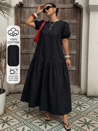 Livesso Crew Neck Solid Color Casual Vacation Style White Maxi Dress Plus Size Women Spring Summer