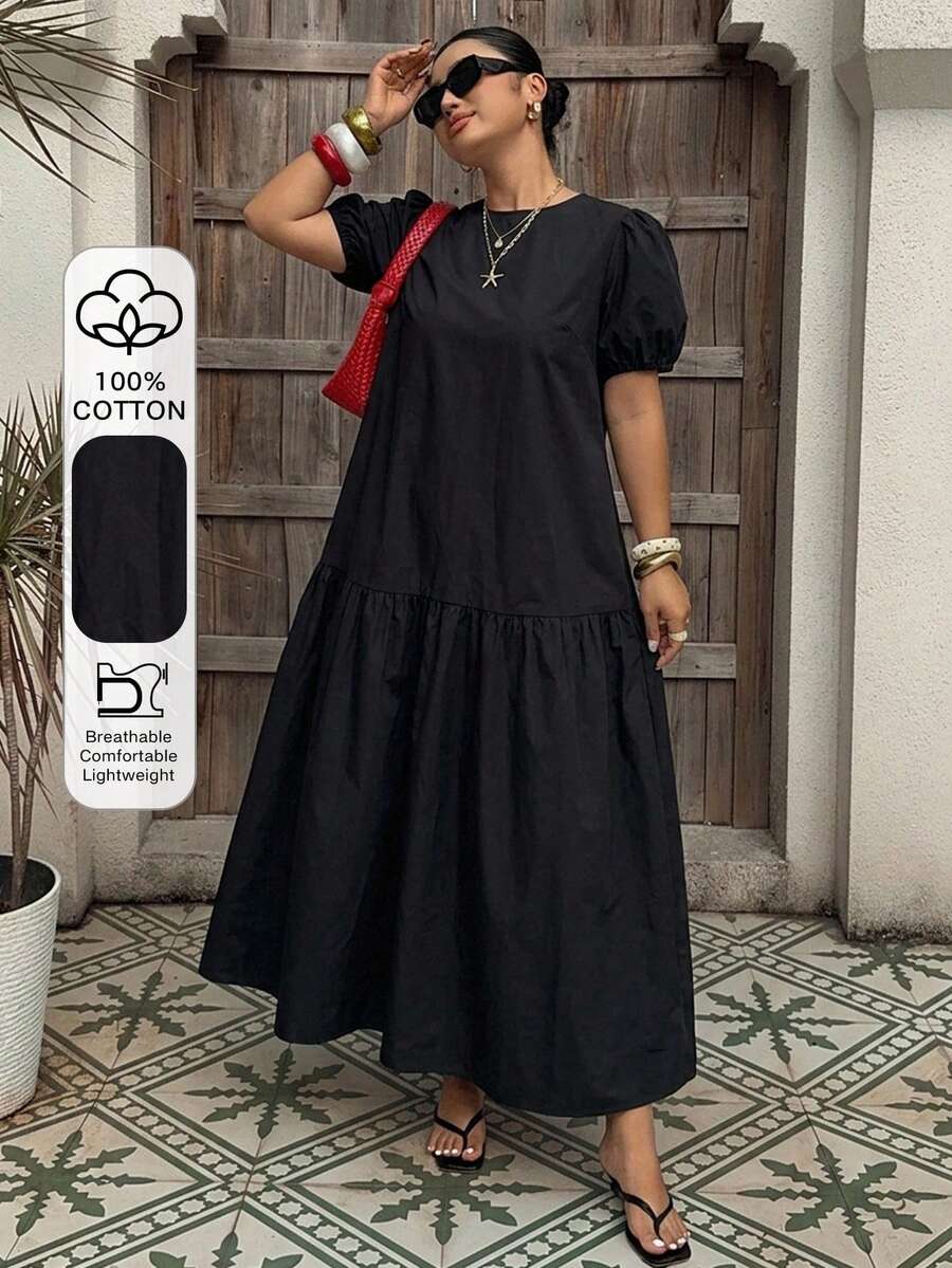 Livesso 女款大尺碼白色素色圓領休閒度假風長洋裝 春夏款 - 黑色 - 查看 1