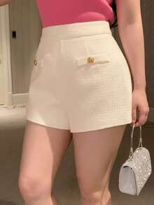 Dazy Plus Semi-Elastic Waist Elegant Fitted White Versatile Spring/Autumn Thick Shorts - Apricot - View 4