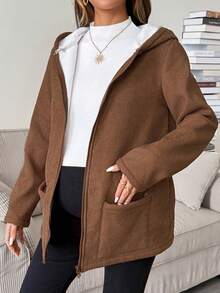 SHEIN Maternity Casual Thermal Lined Hooded 3-In-1 Jacket,Brown 3-In-1 Fleece-Lined Maternity Jacket For Autumn/Winter-Suitable For Various St - Brown - View 7
