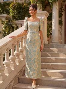 EastFlair Women's Elegant Luxury Metallic Texture Petal Sleeve Bow Tie Waist Dress - Green - View 1
