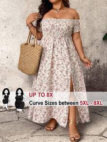 SHEIN CURVE+ Plus Size Casual Cottage Core Off-Shoulder Loose Fit Floral Print Split Hem Short Sleeve Dress Vacation Beige Summer - Multicolor - View 1