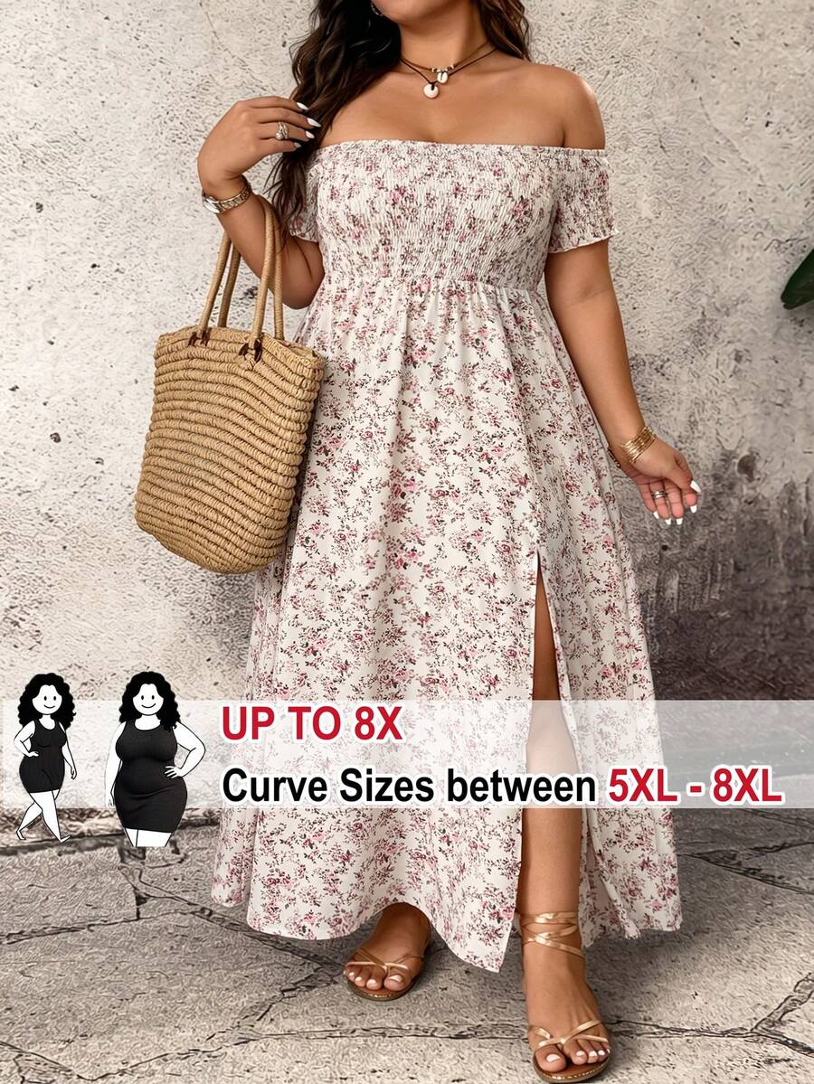 SHEIN CURVE+ Plus Size Casual Cottage Core Off-Shoulder Loose Fit Floral Print Split Hem Short Sleeve Dress Vacation Beige Summer - Multicolor - View 1