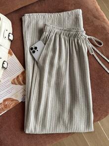 Comfortcana Spring/Summer Vacation Style Beige Apricot Linen Casual Plus Size Women's Striped Pants Fall - Beige - View 8