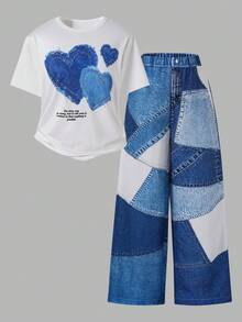 SHEIN Sparklyn 青少年女孩 T-shirt 與長褲 2 件套，休閒寬鬆針織，返校季復古秋季服飾，Y2K 女孩套裝，白色上衣寬腿褲 - 彩色 - 查看 4