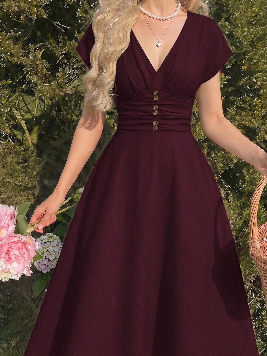 SHEIN MOD Women's V-Neck Cap Sleeve Burgundy Dress Elegant Vintage Picnic Party Summer.Halloween.Back To School. - Burgundy - View 1