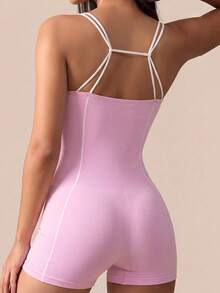 Eassivo 1pc Pink Contrast Seamed Back Strap Women's Sports Short Jumpsuit, Slim Fit, Ruched Hip Design, Suitable For Yoga Workout Summer - Pink - View 4