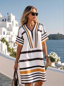 Ceyna Plus Size Women's Summer Casual Vacation Vintage Minimalist V-Neck Shoulder Sleeve Loose Mid-Length Woven Printed Dress - Multicolor - View 4