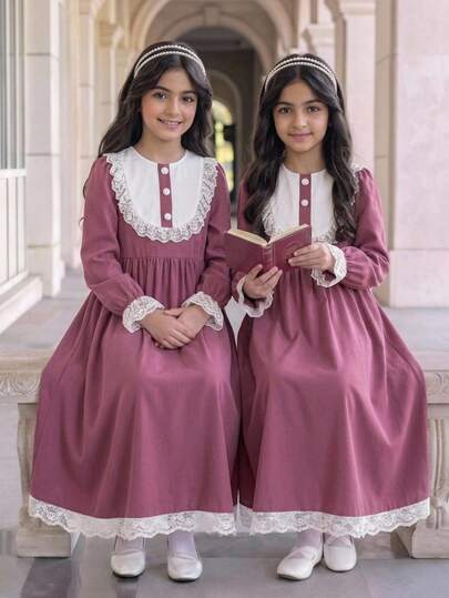 Tween Girl Tween Girl Tween Girl Autumn Pink School Uniform Dress, Lace Trim Patchwork Peter Pan Collar Waist-Cinching A-Line Skirt, Long Dress, Hidden Zipper, Back To School & Field Trip Outfit For Primary School, Middle School