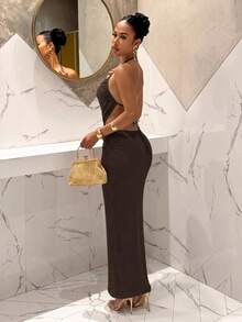 Slaydiva Women's Solid Color Pleated Cropped Halter Top And Skirt Slim Fit Vacation Two Pieces Set - Rust Brown - View 2